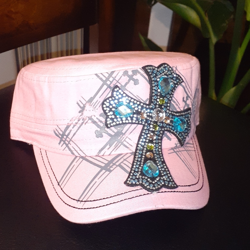 Rhinestone cadet hat- Turquoise cross pink
